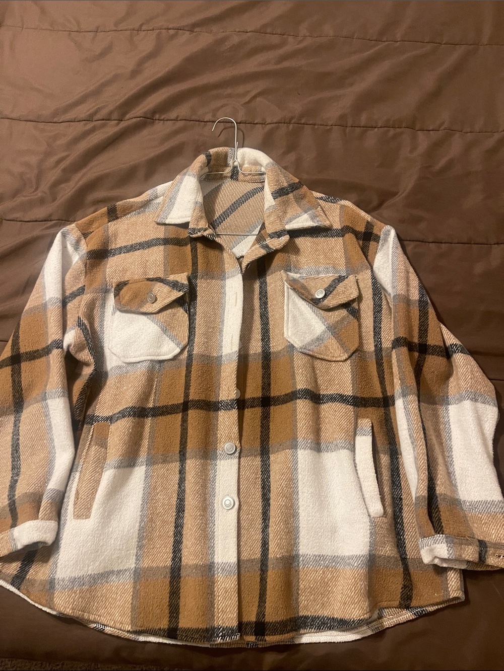 Women’s flannel shacket, soft Tan and Black Plaid Button-Up.